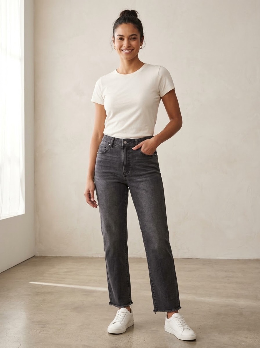 Gloria Vanderbilt High-Rise Washed Black Wide-Leg Jeans with Raw Hem